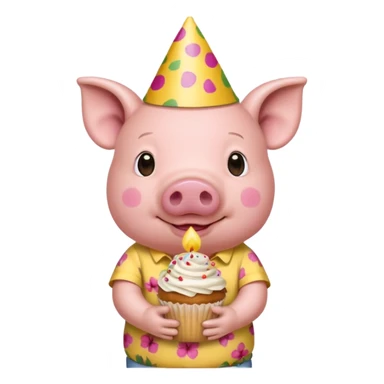 Pig with  yellow aloha shirt, birthday hat, holding a cupcake sticker