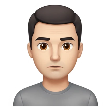 Professional man with square face, defined jawline, full cheeks, overtly skeptical expression, medium brown eyes with paranoid look, prominent eyebrows raised, wide nose, lips pressed together suspiciously, short dark hair, wearing a gray shirt sticker