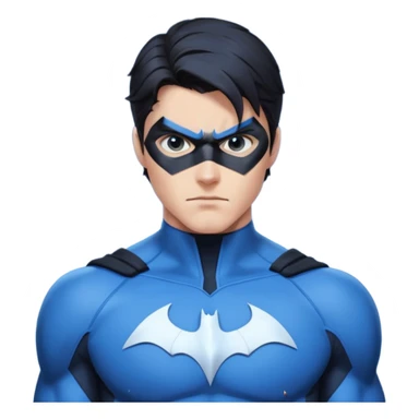 nightwing with white eyes, wearing nightwing uniform, analyzing evidence sticker