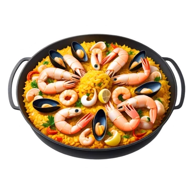 Cinematic Realistic Paella Dish Emoji, depicted as a vibrant, aromatic rice dish loaded with seafood, chicken, and saffron rendered with rich textures and dynamic, warm lighting. sticker