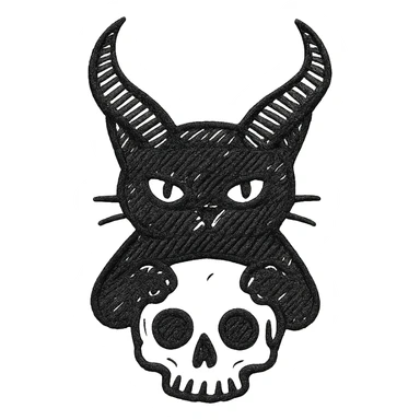 black cat with oversized demon horns, front paws gripping a human skull, hand drawn style, expressive linework, no fill sticker