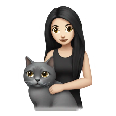 White girl with long black hair and black eyes holding a grey cat sticker