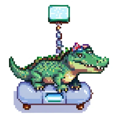 pixel art green crocodile standing on top of a small cartoonish airplane, small size sticker