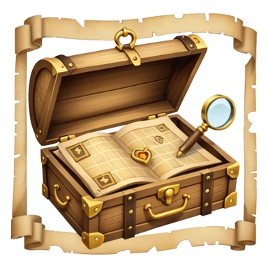 An icon depicting a treasure map with an open chest, surrounded by clues and mysterious symbols. A magnifying glass hovers over the map, symbolizing the thrill of discovery and adventure. Set on a transparent background, it should evoke the excitement of solving puzzles and exploring new worlds. sticker