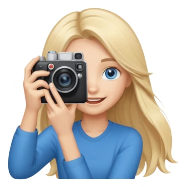  blue eyes blonde girl photographer cartoon taking picture in middle of taking picture camera in front of face long hair smiling funny flash professional, camera in front of face sticker