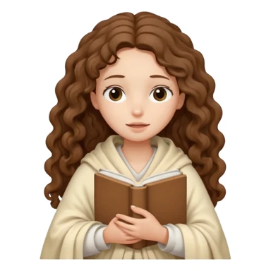 slender girl with fair skin with long curly brown hair wrapped in a cream blanket in her hands a white book eyes closed sticker