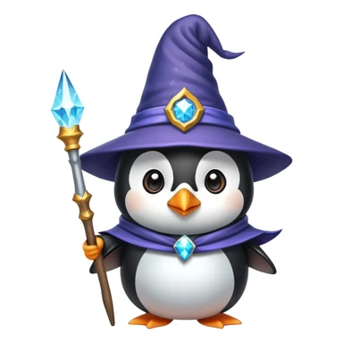 A cute penguin dressed as a wizard with a pointy hat and holding a magic wand sticker