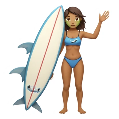 orc female holds a surfboard with a shark painted vertically in his hands sticker