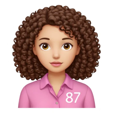 Curly hair Median, Brunette, wearing a pink blouse with *87* written on it. sticker