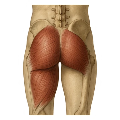 realistic and educational illustration of the gluteus maximus muscle, posterior view, anatomical details, neutral background, no explicit references to sensitive parts sticker