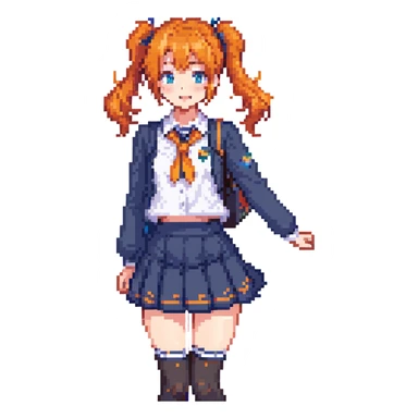 anime girl in school uniform, orange hair in side ponytail, blue eyes, standing in a courtyard with cherry blossom petals, skirt and hair fluttering in breeze, cheerful expression sticker