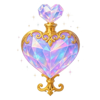 premium class crystal elixir bottle in heart shape, pastel gradient, lots of glowing shine, facets, ornaments, golden details, magical effects, very small golden neck, transparent background, beautiful connected base, clearly floating in air, no base or shadow, very luxurious, matching collection sticker