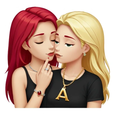 close-up of 20 year old couple kissing, girl with long cherry red hair, blonde eyebrows, gold necklace with letter A, diamond gold ring, red bracelet, boy with bright white hair wearing silver ring with black stone and dark t-shirt sticker