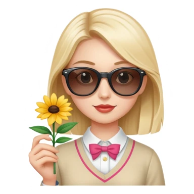 A preppy girl with a Stanley wearing sunglasses and a flower sticker