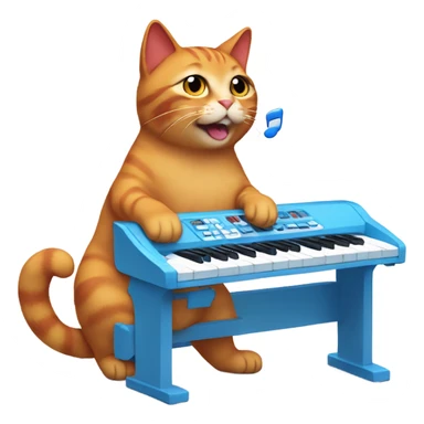 tan-red cat wearing a light-blue t-shirt and a blue base cap taps musical keyboard sticker