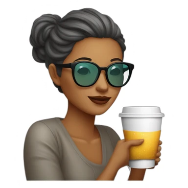 Mujer blanca, melena negra,con lentes semi al aire de color calipso. Con un lunar sobre el labio superior en la parte izquierda de la cara. Tomando un café y saludando sticker