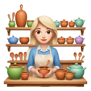 cartoon Apple iOS emoji style woman, pastel colors, Chilean wooden kitchen background, clay pots, warm light, detailed and clean vector art sticker