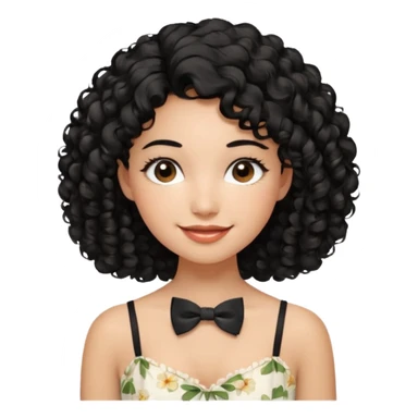 A young woman. She has voluminous, curly black hair that frames her face beautifully. Her skin tone is warm and glowing, and she has a subtle, natural makeup look. She’s smiling softly at the camera. She is wearing a white floral top with thin straps and a small bow tie detail in the front. sticker