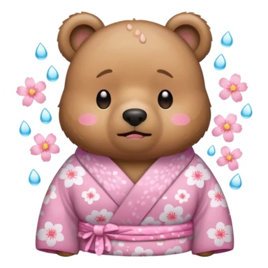 A cute light-brown bear wearing a pastel pink sakura-patterned kimono, normal balanced body ratio.  
Crying heavily with big teardrops streaming down the face, trembling lips and watery eyes.  
Kawaii emoji style, minimalistic clean sticker illustration, white background. sticker