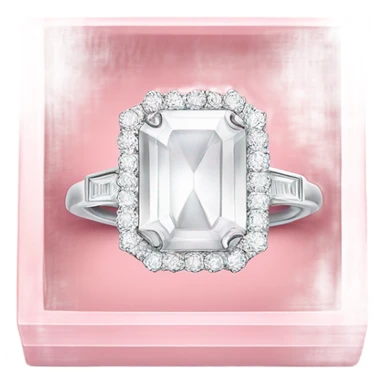 a luxurious all-white diamond ring in a light pink half open box, shown from a side view. Use bold outlines, a glossy finish sticker