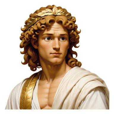 Cinematic Realistic Hercules Portrait, head tilted dramatically with an exaggeratedly amused expression, blending the fierce valor of the Hercules with the classic elegance of Michelangelo's David. His light tan skin and thick, curly, golden brown hair, rendered with meticulous classical detail, frame a face of heroic determination and playful charm. Clad in a gracefully draped white robe adorned with subtle golden embellishments and accented by a distinguished Greek laurel wreath, dynamic lighting accentuates both his formidable physical power and his approachable, spirited demeanor. sticker