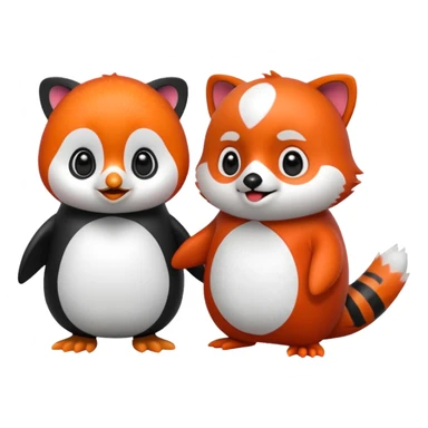 A cartoon  cute cartoon penguin. Next to it is a cartoon red panda holding its flipper  sticker