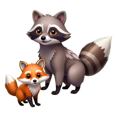 raccoon and a fox among a colorful forest with vibrant green trees, bushes and flowers. The animals are in the foreground, surrounded by a lush, bright forest, with soft sunlight filtering through the leaves. A playful photo-realistic and wild scene with a transparent background. sticker