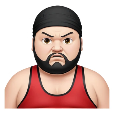 Extreme close-up of face of morbidly obese white skin guy with young face, prominent BLACK DURAG tied clearly on head, black beard but no mustache, clean shaven upper lip, black eyes in a red and black wrestling singlet with angry expression sticker