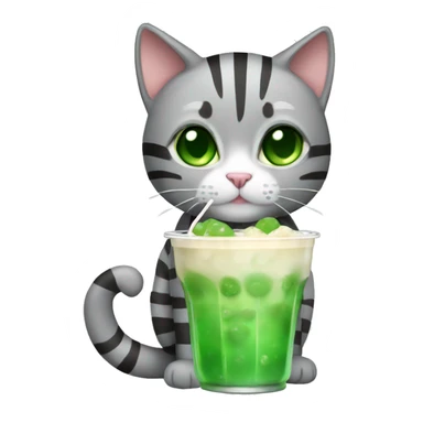 A striped grey cat with green eyes drinking boba sticker