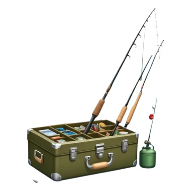 Icon for Fishing: a boat on the shore of a peaceful water body with a beautiful natural landscape, a fishing tackle box, a spinning rod. The icon should capture the tranquility and gear of a fishing adventure. Without frame. Transparent background. sticker