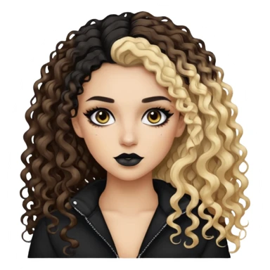 brunette split dye leftside blonde rightside black, baddie, pretty makeup, black eyeliner, long and curly hair sticker