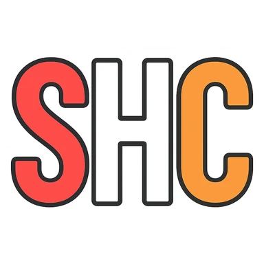 Adjust the letters S, H, and C so that S is bright red, H is pure white, and C is vivid orange. Make all three letters the same size and height, bold and clean, on a transparent background. sticker