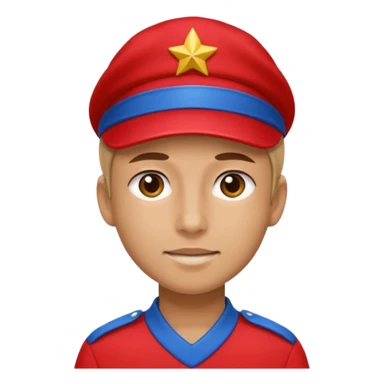 Vendeur comptoir habiller en rouge portant une casquette bleu sticker