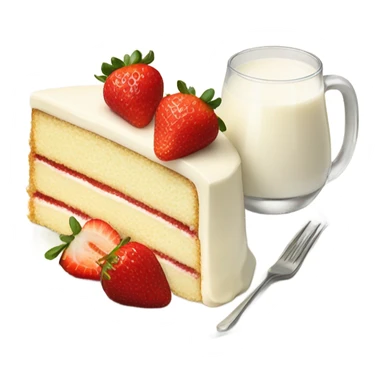 Slice vanilla cake with strawberrieson top at plate and milk at glass sticker