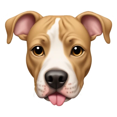 Tan pit bull dog that has the tip of his left ear floppy black nose and pokadot toungue sticker