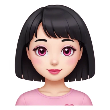 臉是鵝蛋型妹妹頭瀏海黑髮頭髮大概在胸上微捲皮膚白晰可愛類型眼睛大眼內雙瞳孔黑色粉紅嘴唇要微笑有腮紅衣服穿粉紅色系上面有愛心 sticker