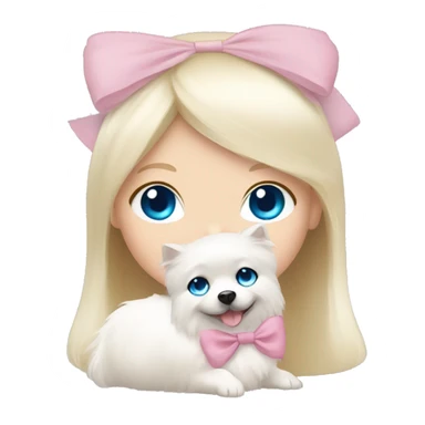 Blond girl white skin blue eyes hugging white Pomeranian with light pink bow sticker