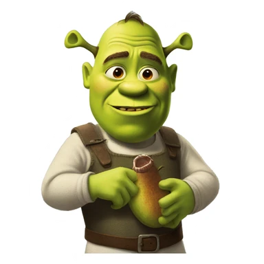 Shrek standing awkwardly while holding a pickle that has a face sticker