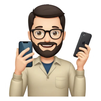 white man, dark hair, glasses and beard, smiling and winking, holding mobile phone sticker