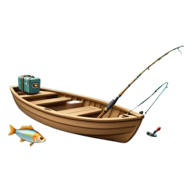 Icon for Fishing Travel: a boat on a calm lake surrounded by mountains and lush greenery, with fish jumping out of the water, a fishing rod, tackle box. The icon should capture the peaceful and adventurous nature of fishing trips. Transparent background. sticker