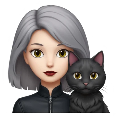femme aux yeux gris, cheveux court bordeaux avec cuir noir, accompagné d'un chat poils longs gris clair et d'un chat poils ras noirs sticker