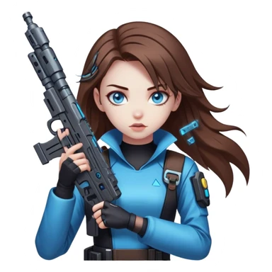 Neon cyberpunk style 
girl with brown hair and blue eyes 
shoots sticker