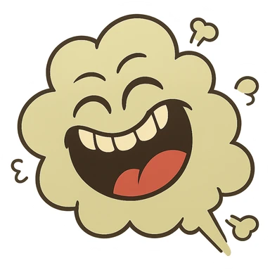 a cartoon fart cloud with a big laughing face, playful and silly sticker