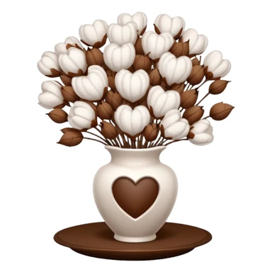 a bouquet of cotton flowers with brown dried petals, in a white ribbed vase on a white tray. next to it is a figurine in the form of a white heart, with a soft glow sticker
