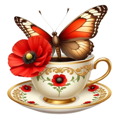 A warm-toned still life featuring a delicate brown butterfly resting near a red poppy flower and an ornate gold coffee cup. The composition exudes a vintage charm, bathed in soft golden light. sticker
