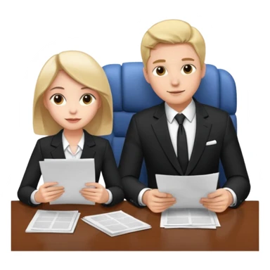 man in formal suit talking to woman in formal suit, they sit, papers in hands on the table sticker