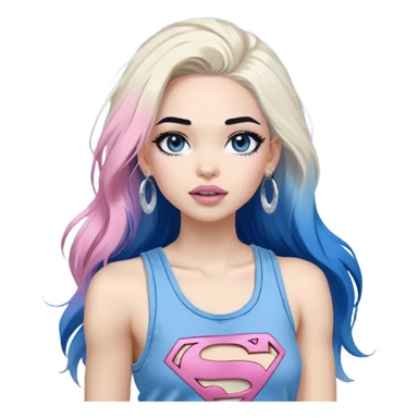 LargeFull body-really excited expression-very-beautiful-face-white ripped cargo pants-light-pink-lips-very long-very-straight-dark-blue-ombre-hair-and-blue-eyes-thick-black-eyeliner-thick-long-eyelashes-sky-blue-superman-tank-top-with-glitter-and-silver-hoop-earrings sticker
