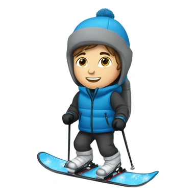 White boy with brown hair skiing on blue skis. Wearing a light gray coat. And a pair of black snow pants.  sticker