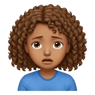 young curly hair girl, brown hair, with a blue shirt, in despair crying sticker