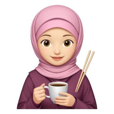 A hijabi girl with light pink hijab and tanned skin holding coffee in one hand and chopsticks in other. Only upper portion of the body shown in IOS format sticker